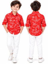 Boys' Bright Red Kantha-Style Printed Casual Shirt.