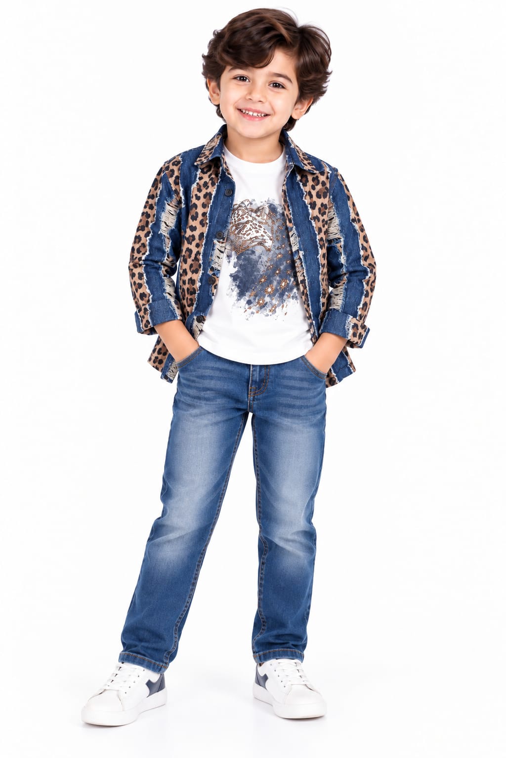 Boys' Denim & Leopard Print Distressed Shirt with White T-Shirt Set.