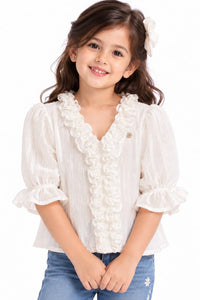 Girls' Off-White Ruffled V-Neck Textured Top.