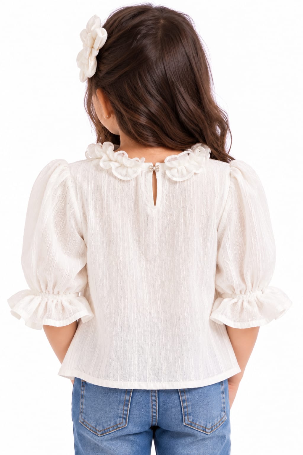 Girls' Off-White Ruffled V-Neck Textured Top.