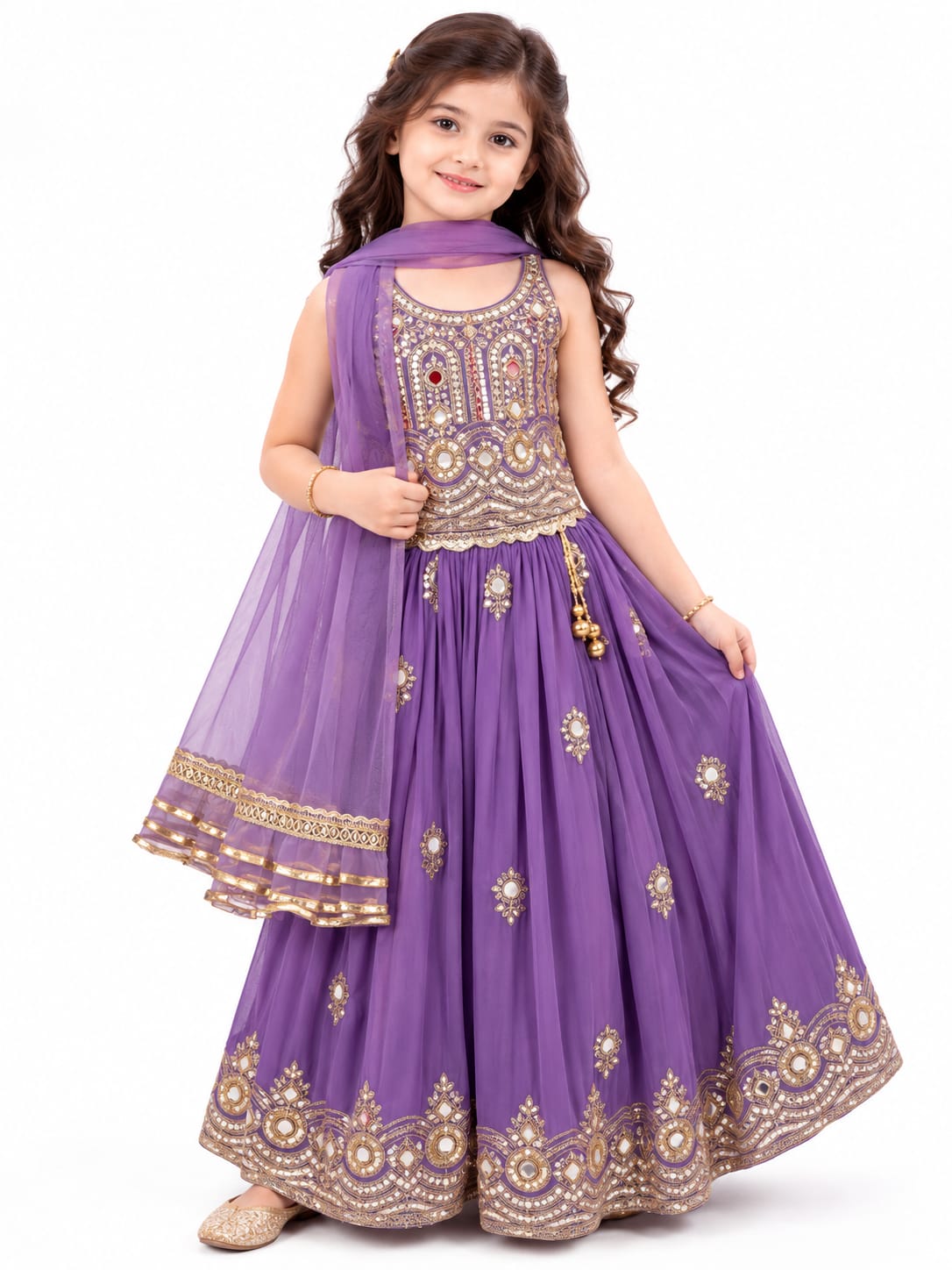 Girls' Purple Mirror-Work Embellished Ethnic Lehenga Choli Set.