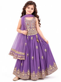 Girls' Purple Mirror-Work Embellished Ethnic Lehenga Choli Set.