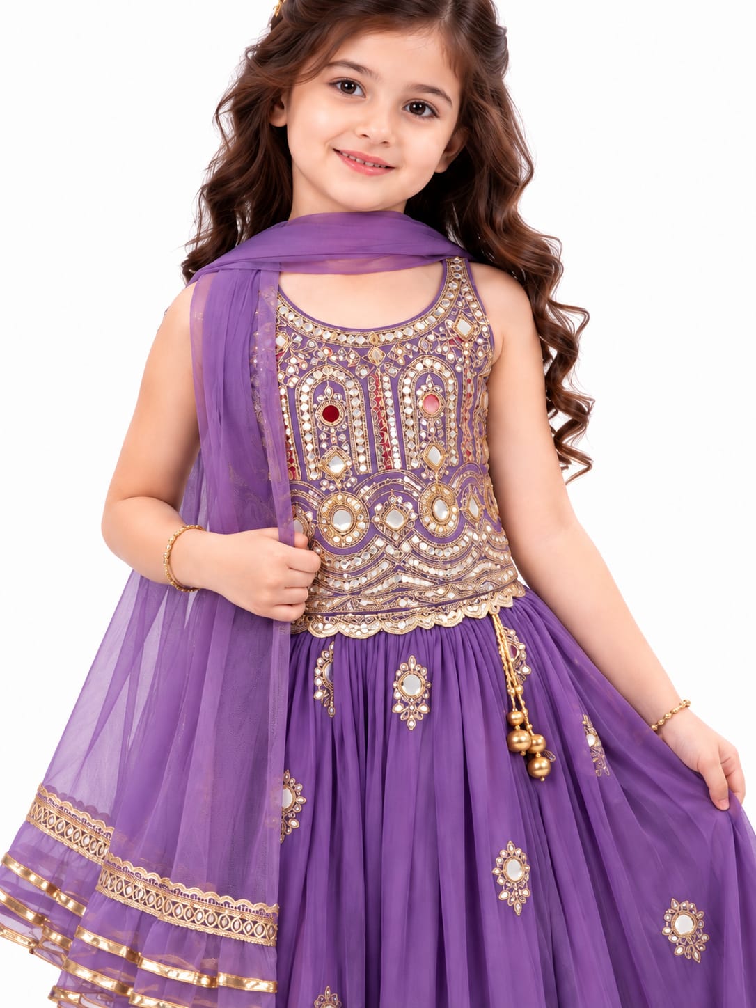 Girls' Purple Mirror-Work Embellished Ethnic Lehenga Choli Set.