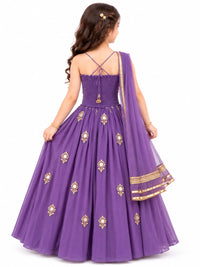 Girls' Purple Mirror-Work Embellished Ethnic Lehenga Choli Set.
