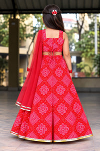 Girls' Red Bandhani Print Mirror-Work Ethnic Lehenga Choli Set.