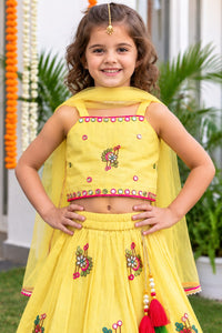 Girls' Bright Yellow Floral Embroidered Mirror-Work Ethnic Lehenga Choli Set.