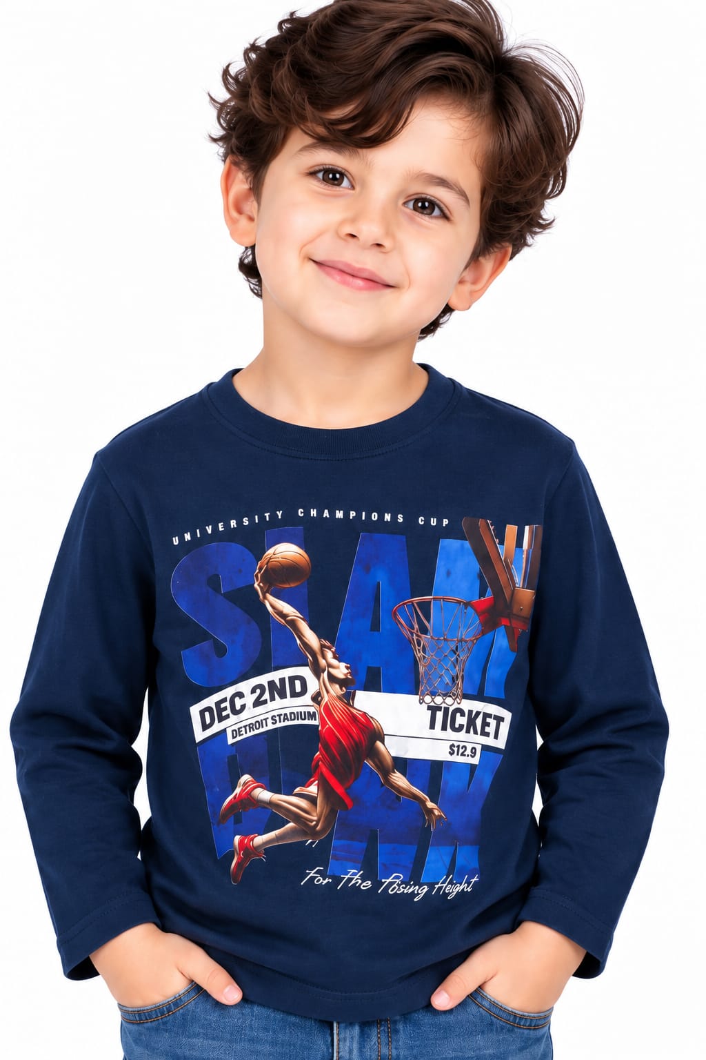 Boys' Navy Blue Basketball Graphic Print Sweatshirt.