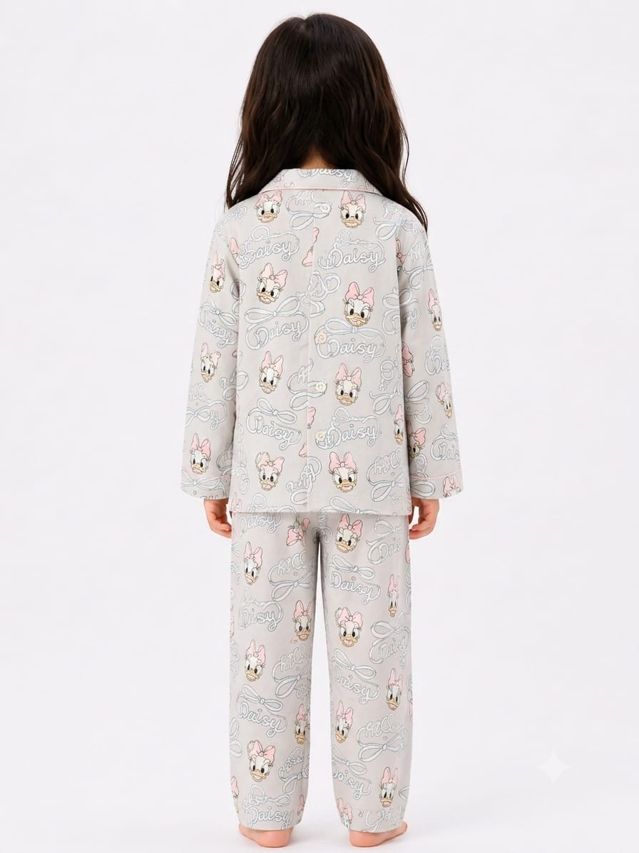 Girls' Grey Daisy Duck Printed Button-Down Pyjama Set.
