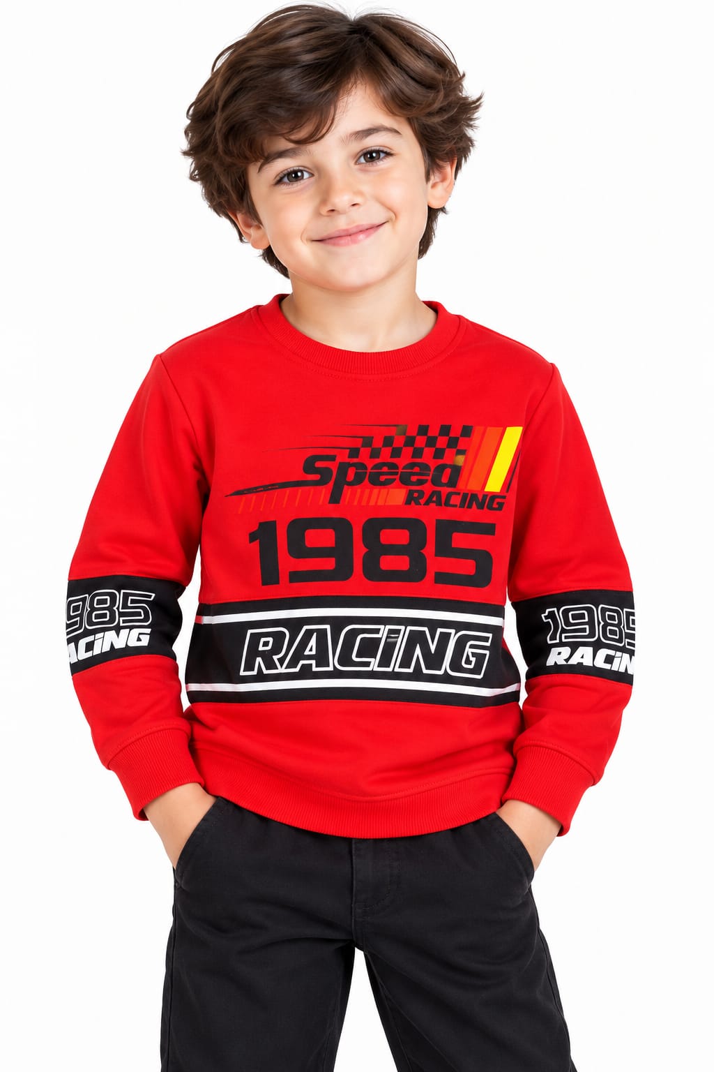 Boys' Red Racing Graphic Print Pre-Winter Sweatshirt.