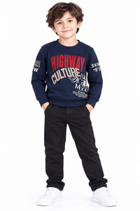 Boys' Navy Blue Graphic Print Pre-Winter Sweatshirt.