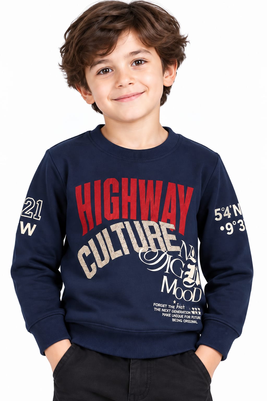 Boys' Navy Blue Graphic Print Pre-Winter Sweatshirt.