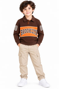 Boys' Brown Polo Neck Varsity Graphic Sweatshirt.