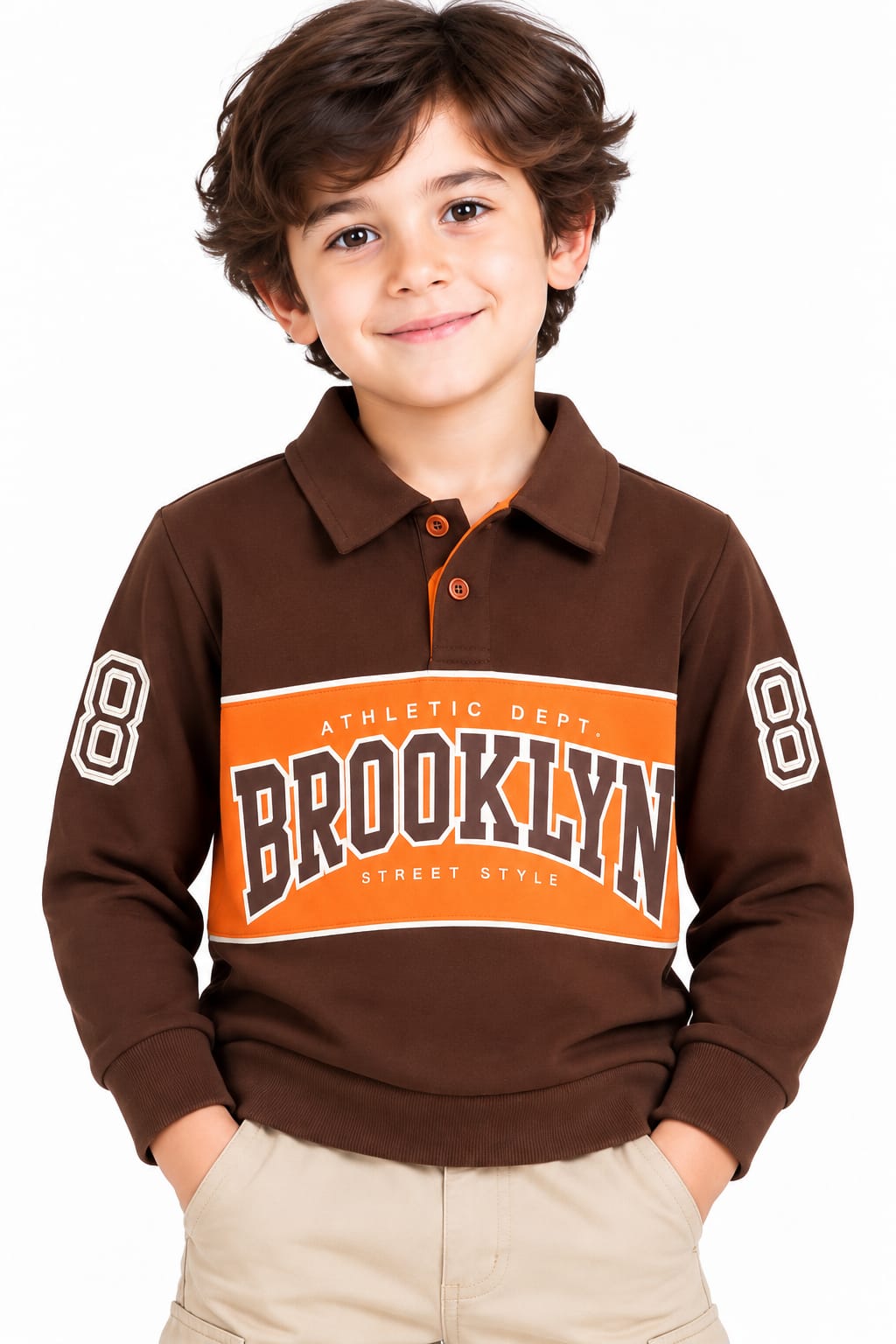 Boys' Brown Polo Neck Varsity Graphic Sweatshirt.