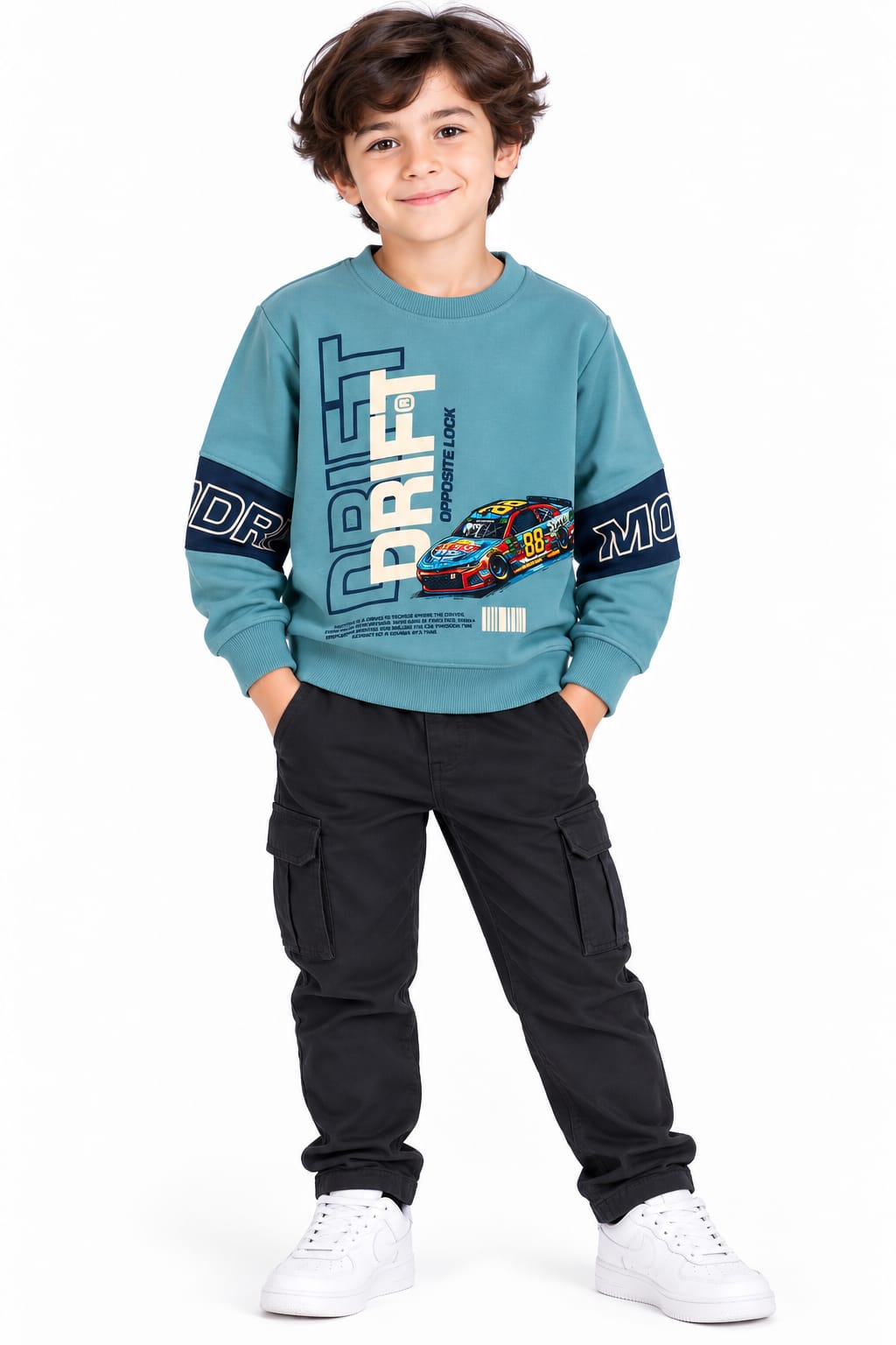 Boys' Teal Blue Drift Racing Graphic Sweatshirt.