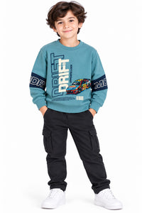 Boys' Teal Blue Drift Racing Graphic Sweatshirt.
