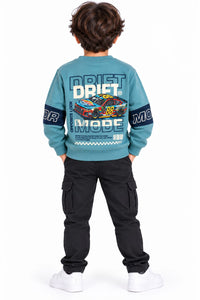 Boys' Teal Blue Drift Racing Graphic Sweatshirt.