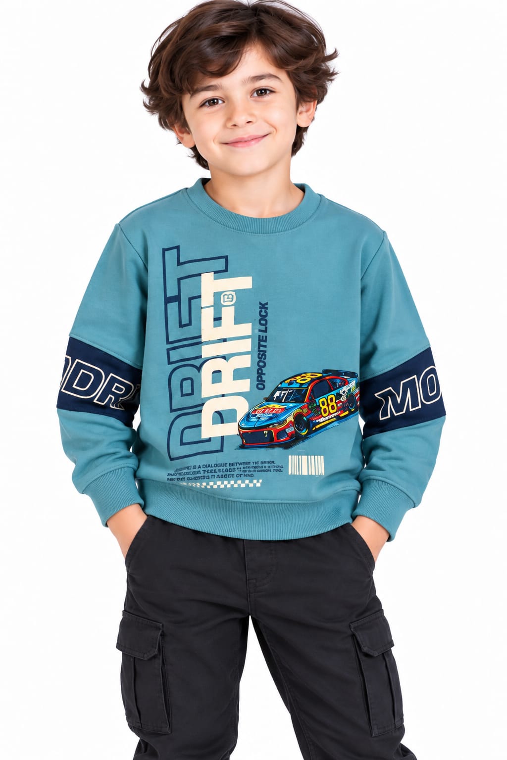 Boys' Teal Blue Drift Racing Graphic Sweatshirt.