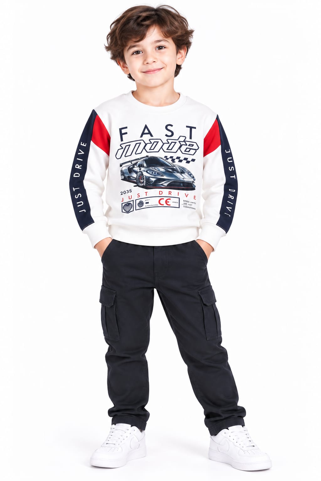 Boys' Off-White Sports Car Graphic Colorblocked Sweatshirt.