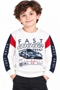 Boys' Off-White Sports Car Graphic Colorblocked Sweatshirt.