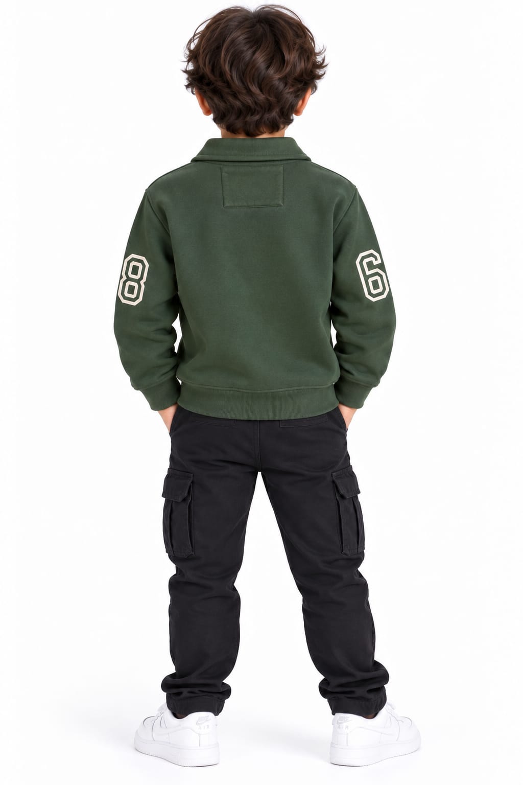 Boys' Olive Green Polo Neck Varsity Graphic Sweatshirt.