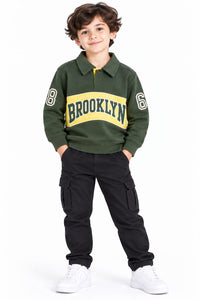 Boys' Olive Green Polo Neck Varsity Graphic Sweatshirt.