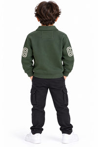 Boys' Olive Green Polo Neck Varsity Graphic Sweatshirt.