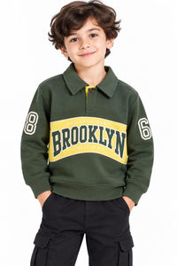 Boys' Olive Green Polo Neck Varsity Graphic Sweatshirt.