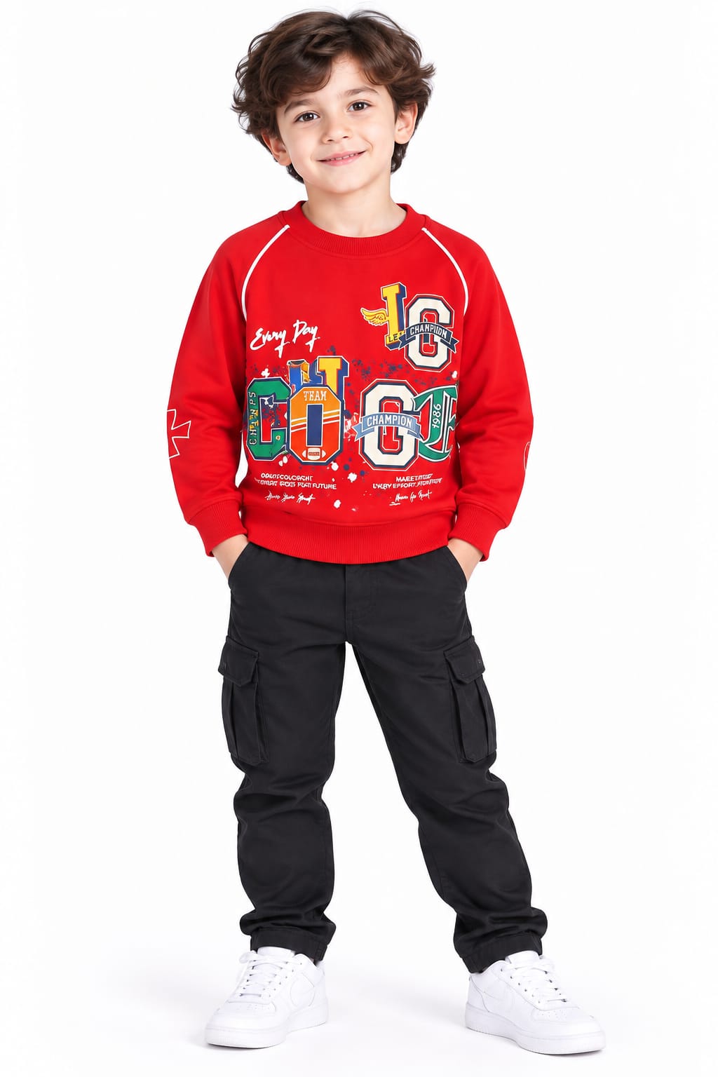 Boys' Red Varsity Multi-Badge Graphic Sweatshirt.