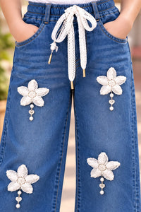 Girls' Medium-Wash Wide-Leg Floral Embellished Jeans.
