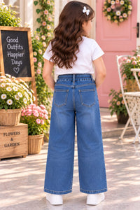 Girls' Medium-Wash Wide-Leg Floral Embellished Jeans.