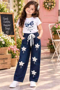 Girls' Dark-Wash Wide-Leg Floral Embellished Jeans.