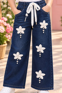 Girls' Dark-Wash Wide-Leg Floral Embellished Jeans.
