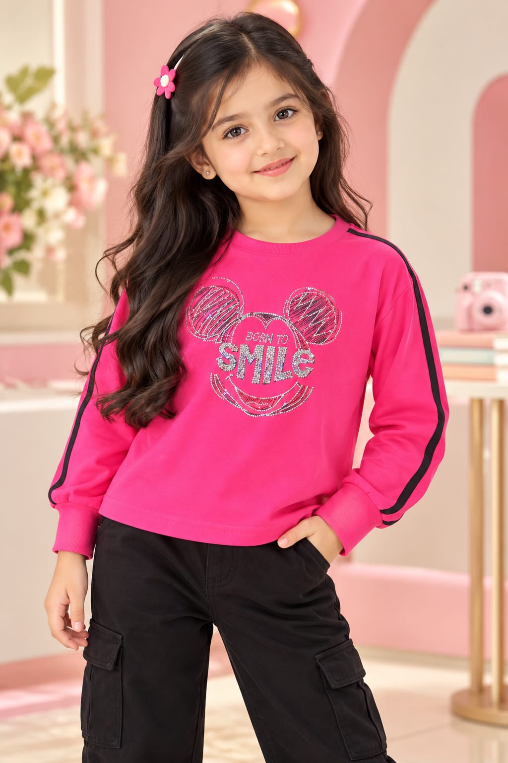 Girls' Bright Pink Sequined Graphic Sweatshirt T-Shirt.