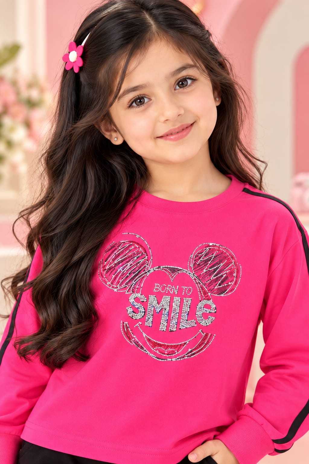 Girls' Bright Pink Sequined Graphic Sweatshirt T-Shirt.