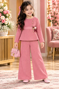 Girls' Dusty Pink Ribbed Corduroy Top and Wide-Leg Palazzo Pants Set.