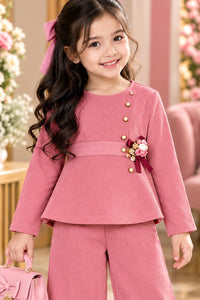 Girls' Dusty Pink Ribbed Corduroy Top and Wide-Leg Palazzo Pants Set.
