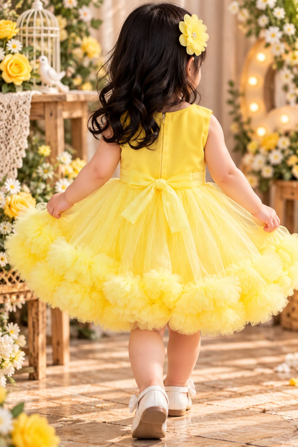 Girls' Bright Yellow Sequined Bodice Tulle Party Frock.