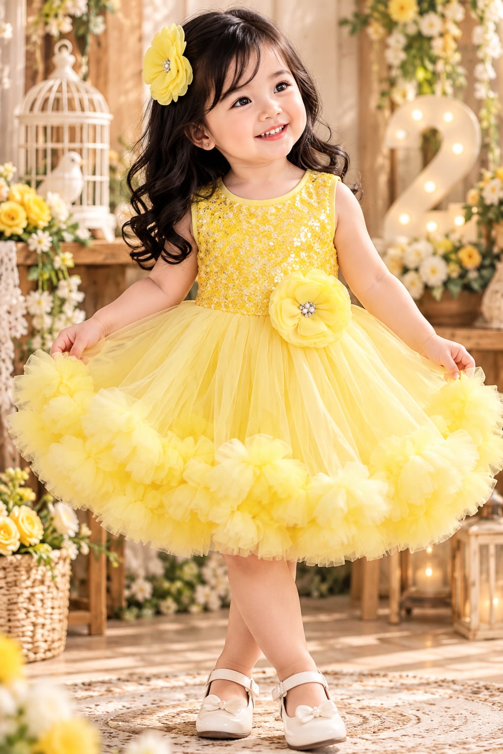Girls' Bright Yellow Sequined Bodice Tulle Party Frock.