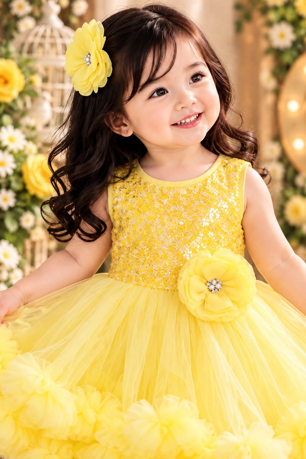 Girls' Bright Yellow Sequined Bodice Tulle Party Frock.