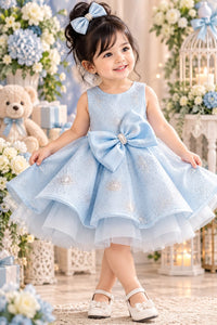 Girls' Sky Blue Glitter Bow-Accent Party Frock.
