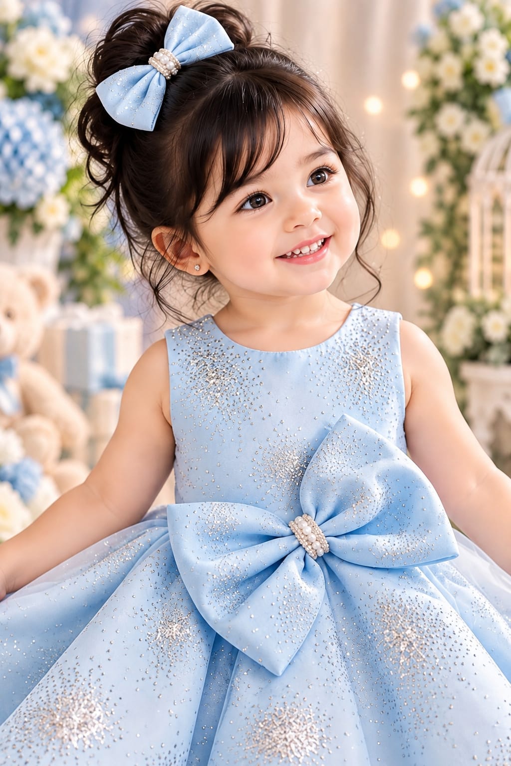Girls' Sky Blue Glitter Bow-Accent Party Frock.