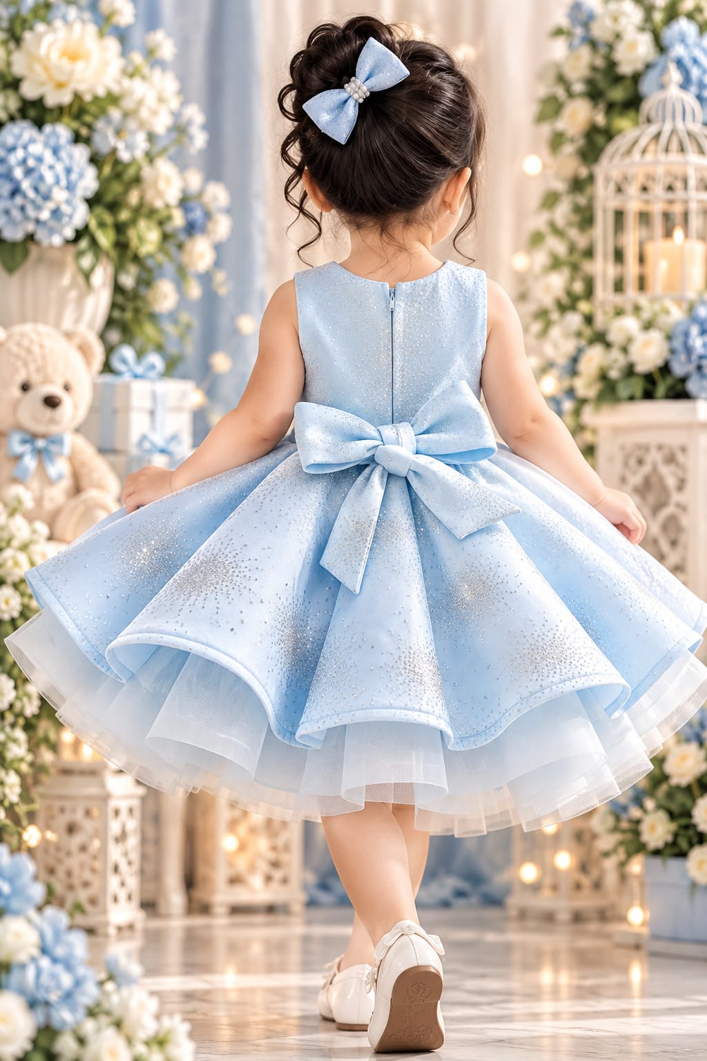 Girls' Sky Blue Glitter Bow-Accent Party Frock.