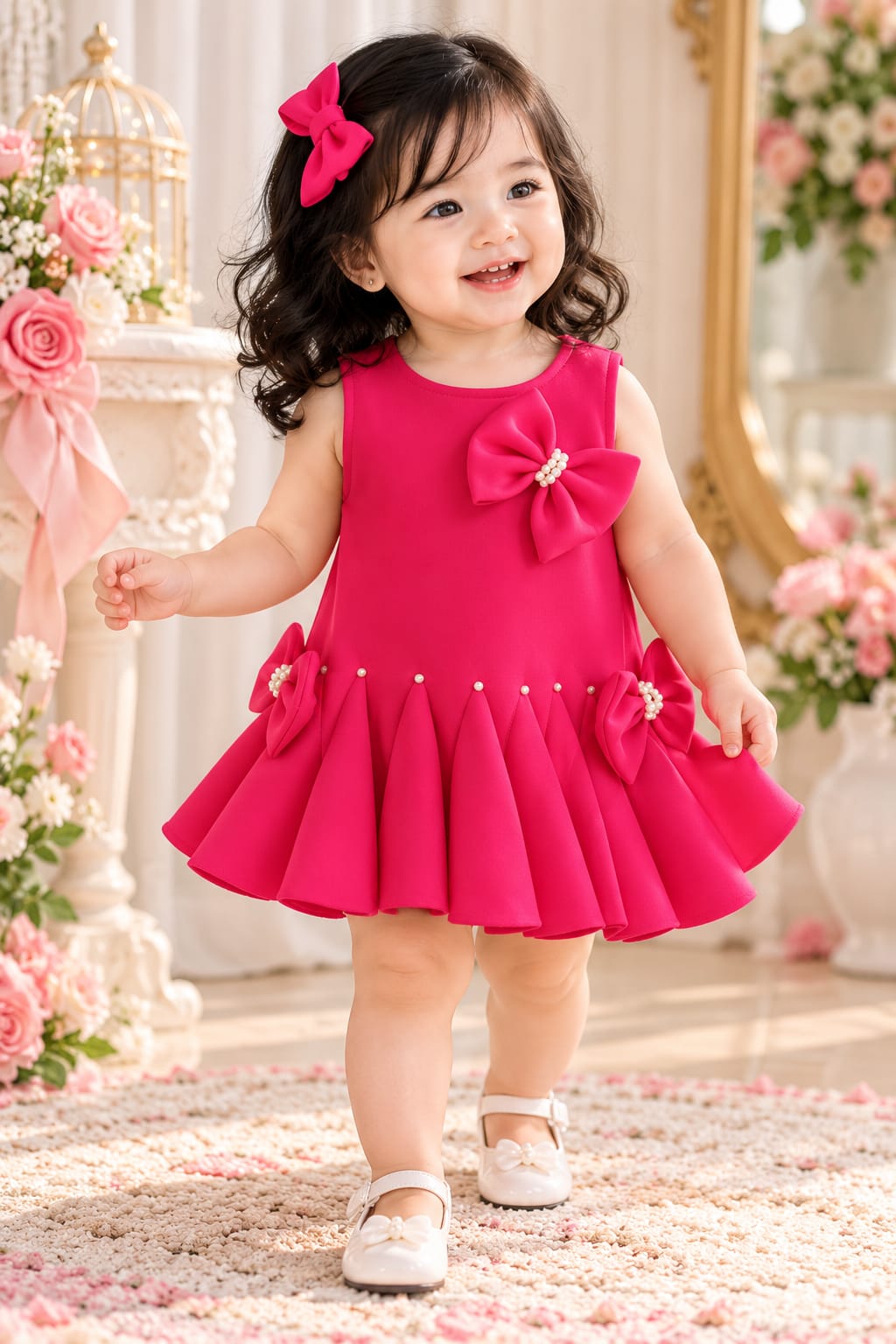 Girls' Hot Pink Bow & Pearl Embellished Pleated Partywear Frock.