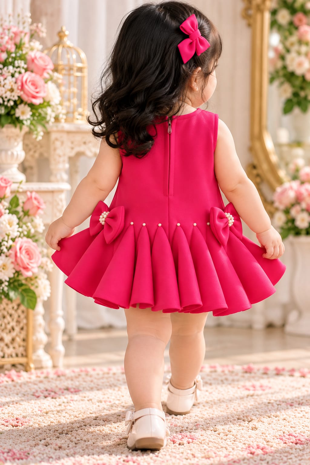 Girls' Hot Pink Bow & Pearl Embellished Pleated Partywear Frock.