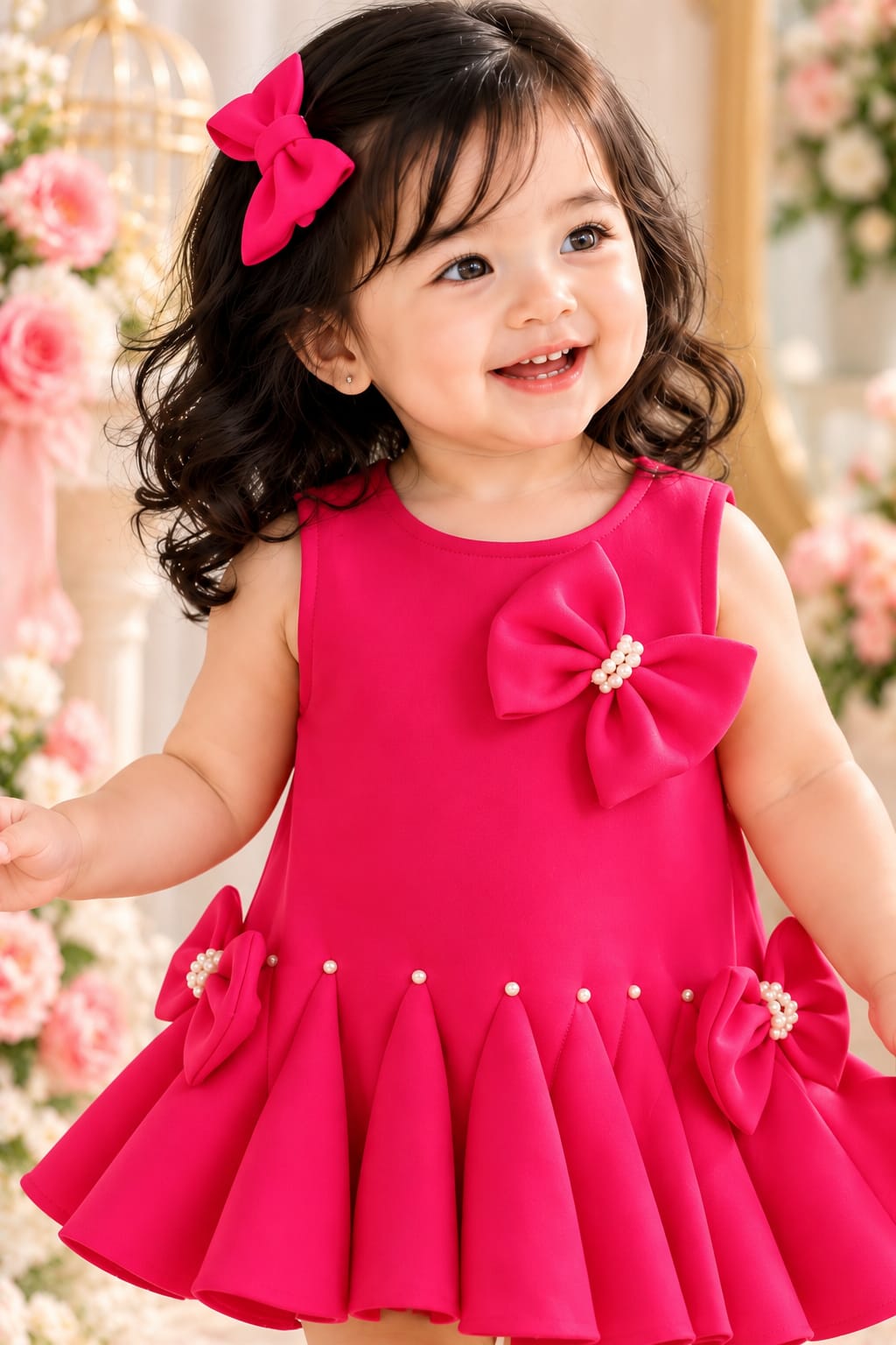 Girls' Hot Pink Bow & Pearl Embellished Pleated Partywear Frock.