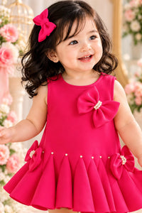 Girls' Hot Pink Bow & Pearl Embellished Pleated Partywear Frock.