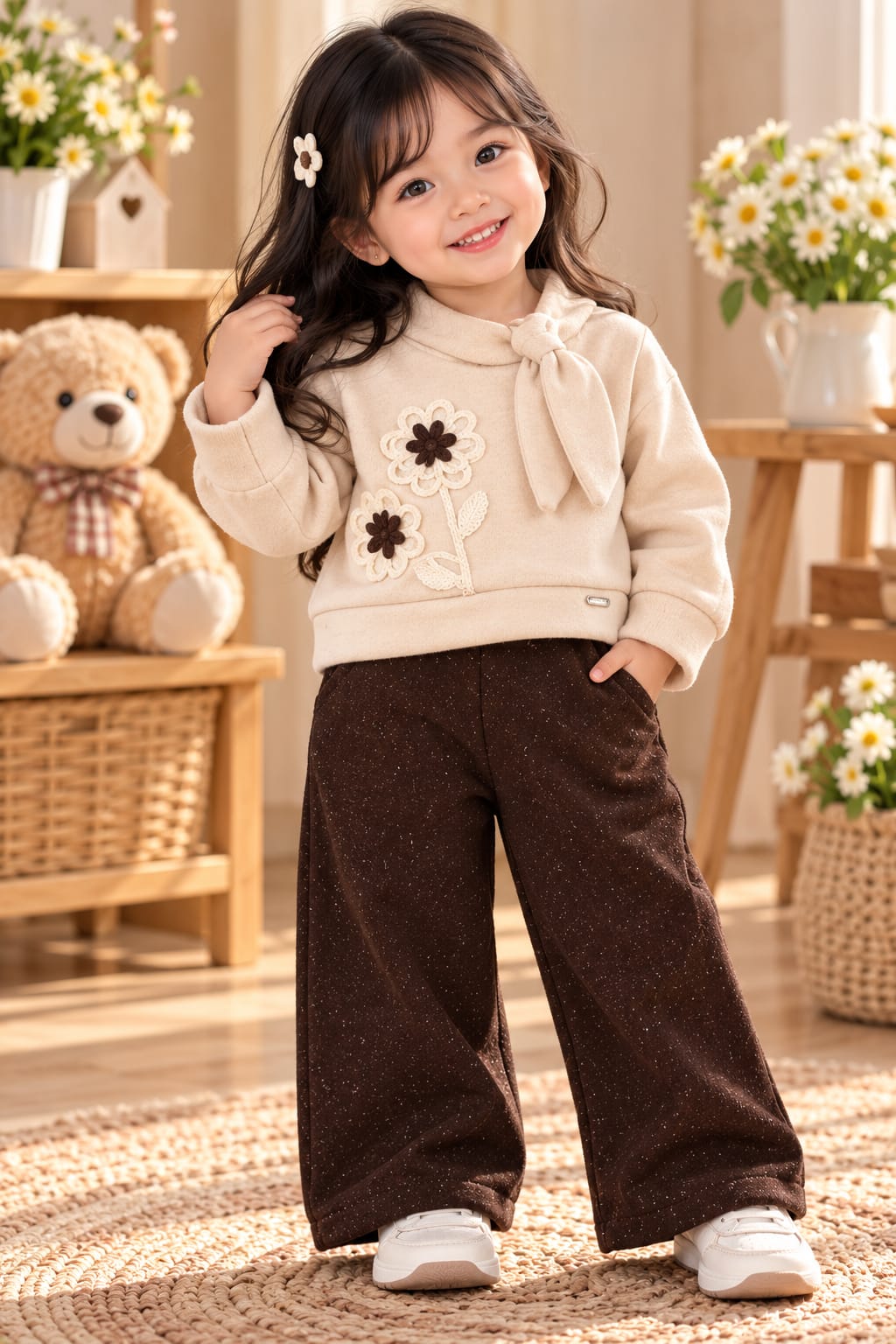 Girls' Beige Tie-Neck Top and Brown Wide-Leg Trousers Set.