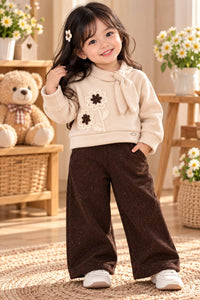 Girls' Beige Tie-Neck Top and Brown Wide-Leg Trousers Set.