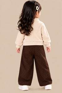 Girls' Beige Tie-Neck Top and Brown Wide-Leg Trousers Set.