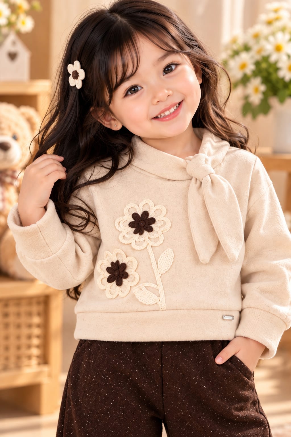 Girls' Beige Tie-Neck Top and Brown Wide-Leg Trousers Set.